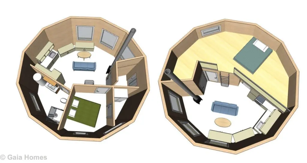 Tegning av rund Gaiahytte størrelse 40 kvm